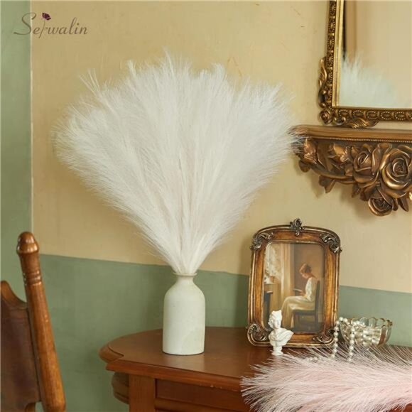 White Pampas Grass Decor,17.7 Inch 6pcs Boho Decor,Faux Pampas Grass Living Room - Picture 7 of 8